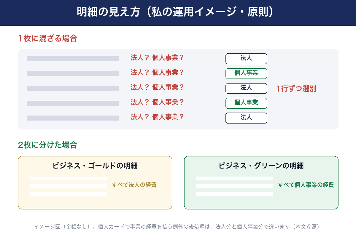 明細の見え方（私の運用イメージ・原則、金額なし）。1枚のカードに法人と個人事業の支払いが混ざると、明細を1行ずつ法人か個人事業か選別することになる。ビジネス・ゴールドとビジネス・グリーンに分けると、ゴールドの明細はすべて法人の経費、グリーンの明細はすべて個人事業の経費として確認でき、選別がいらない