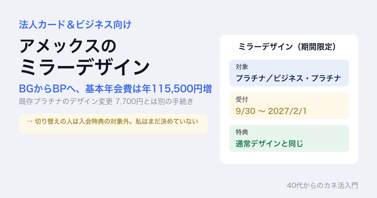アメックスのミラーデザイン。ビジネス・ゴールドからビジネス・プラチナへ、基本年会費は年115,500円増。既存プラチナのデザイン変更7,700円とは別の手続き。切り替えの人は入会特典の対象外。私はまだ決めていない。対象はプラチナとビジネス・プラチナ、受付は2026年9月30日から2027年2月1日、特典は通常デザインと同じ