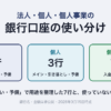 法人・個人・個人事業の銀行口座の使い分け。用途を整理した7行＝法人3行（入金・支払い・予備）、個人3行（メイン・引き落とし・予備）、個人事業1行（入金も支払いも）と、使っていない口座の見直し。銀行名・金額は非公開・2026年9月15日時点