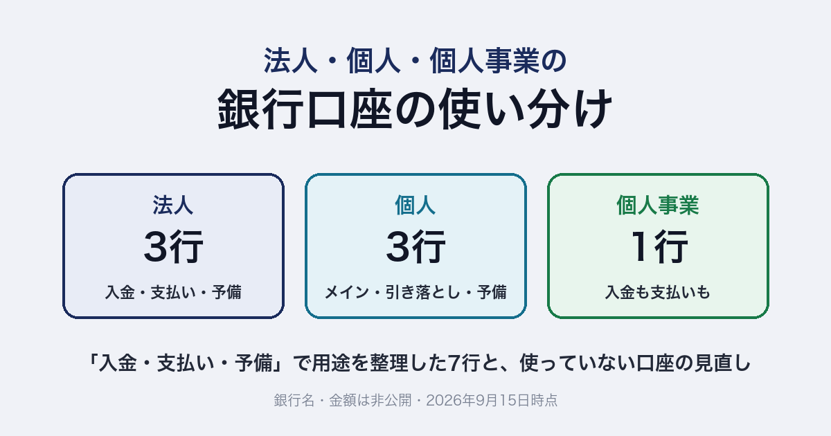 法人・個人・個人事業の銀行口座の使い分け。用途を整理した7行＝法人3行（入金・支払い・予備）、個人3行（メイン・引き落とし・予備）、個人事業1行（入金も支払いも）と、使っていない口座の見直し。銀行名・金額は非公開・2026年9月15日時点