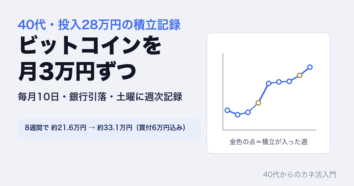 ビットコインを月3万円ずつ。毎月10日・銀行引落・土曜に週次記録。投入28万円。8週間で約21.6万円から約33.1万円（買付6万円込み）