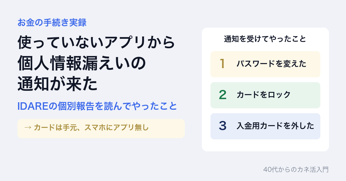 お金の手続き実録。使っていないアプリから個人情報漏えいの通知が来た。IDARE の個別報告を読んでやったこと。カードは手元、スマホにアプリ無し。通知を受けてやったことは、1 パスワードを変えた、2 カードをロック、3 入金用カードを外した