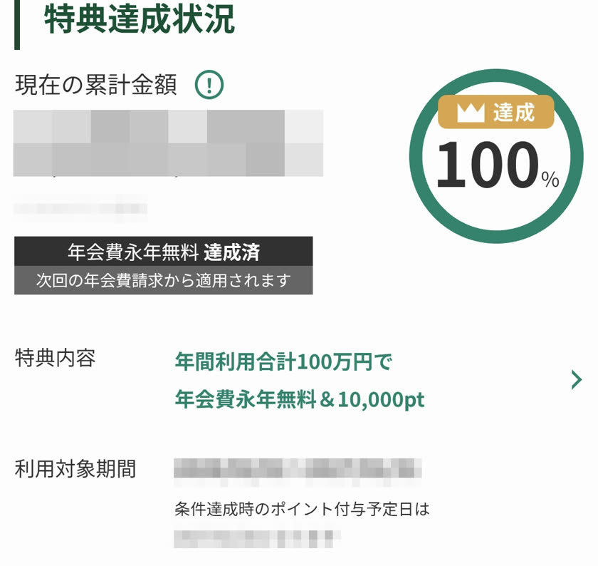 三井住友カード ビジネスオーナーズ ゴールドの特典達成状況画面。達成率100%、年会費永年無料 達成済（金額はモザイク処理）