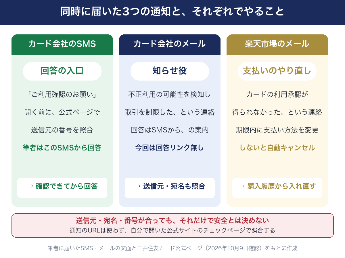 同時に届いた3つの通知と、それぞれでやること。カード会社のSMSは回答の入口で、開く前に公式ページで送信元の番号を照合し、確認できてから回答する。筆者はこのSMSから回答した。カード会社のメールは知らせ役で、不正利用の可能性を検知して取引を制限したという連絡と、回答はSMSからという案内。今回は回答リンクが無かった。送信元と宛名も照合する。楽天市場のメールは支払いのやり直しの連絡で、期限内に支払い方法を変更しないと自動キャンセルになる。購入履歴から入れ直す。送信元・宛名・番号が合っても、それだけで安全とは決めない。通知のURLは使わず、検索やブックマークなどから自分で開いた公式サイトのチェックページで照合する