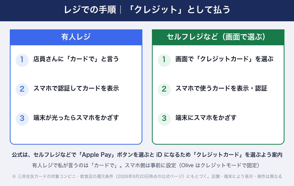 レジでの手順。有人レジは店員に「カードで」と言い、スマホで認証してカードを表示し、端末が光ったらスマホをかざす。セルフレジなどは画面で「クレジットカード」を選び、スマホで使うカードを表示・認証し、端末にかざす。三井住友カード公式は、セルフレジなどで「Apple Pay」ボタンを選ぶとiDになるため「クレジットカード」を選ぶよう案内。店舗・端末により表示・操作は異なる
