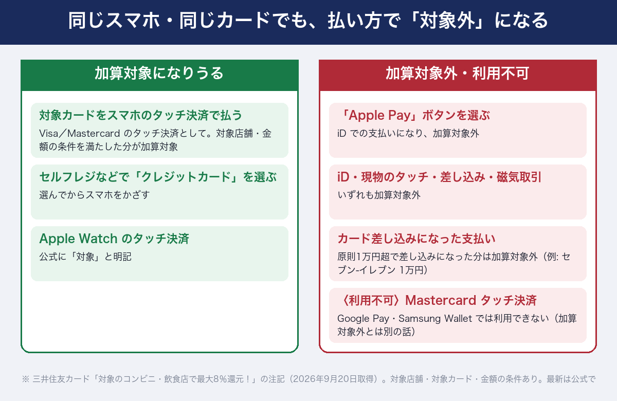 同じスマホ・同じカードでも払い方で対象外になる。加算対象になりうる: 対象カードをスマホのVisa/Mastercardタッチ決済として利用(対象店舗・金額の条件を満たした分)、セルフレジなどで「クレジットカード」を選ぶ、Apple Watchのタッチ決済。加算対象外: 「Apple Pay」ボタンを選ぶ(iDでの支払いになる)、iD・カード現物のタッチ・差し込み・磁気取引、カード差し込みになった支払い(原則1万円超、例: セブン‐イレブン1万円)。利用不可(対象外とは別): Google Pay・Samsung WalletではMastercardタッチ決済が利用できない。三井住友カード公式の注記(2026年9月20日取得)